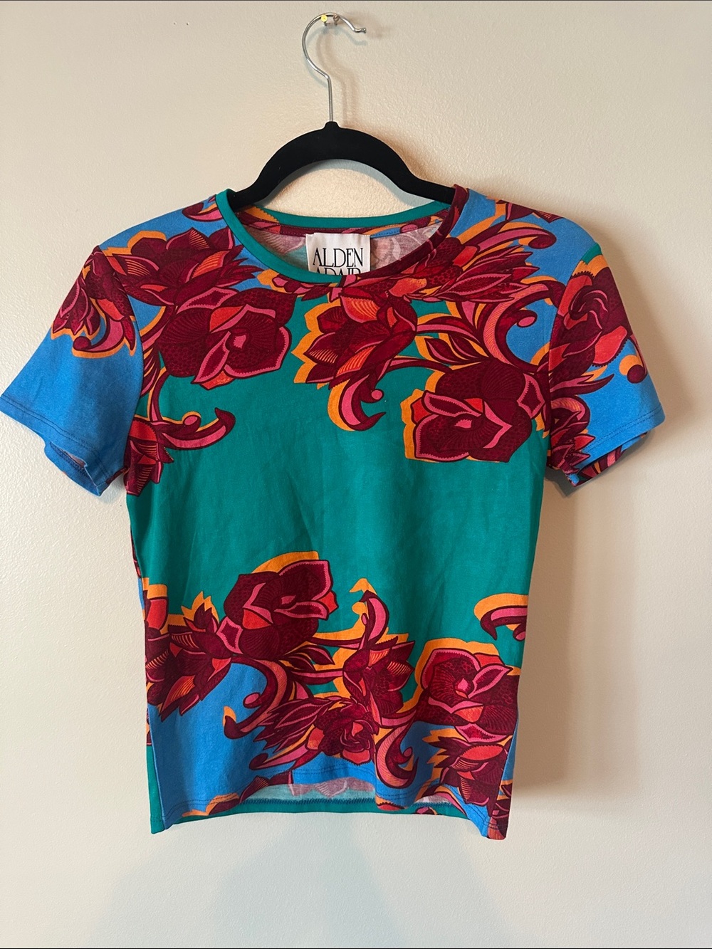 Alden Teal Short Sleeve Tee with Red Floral Print